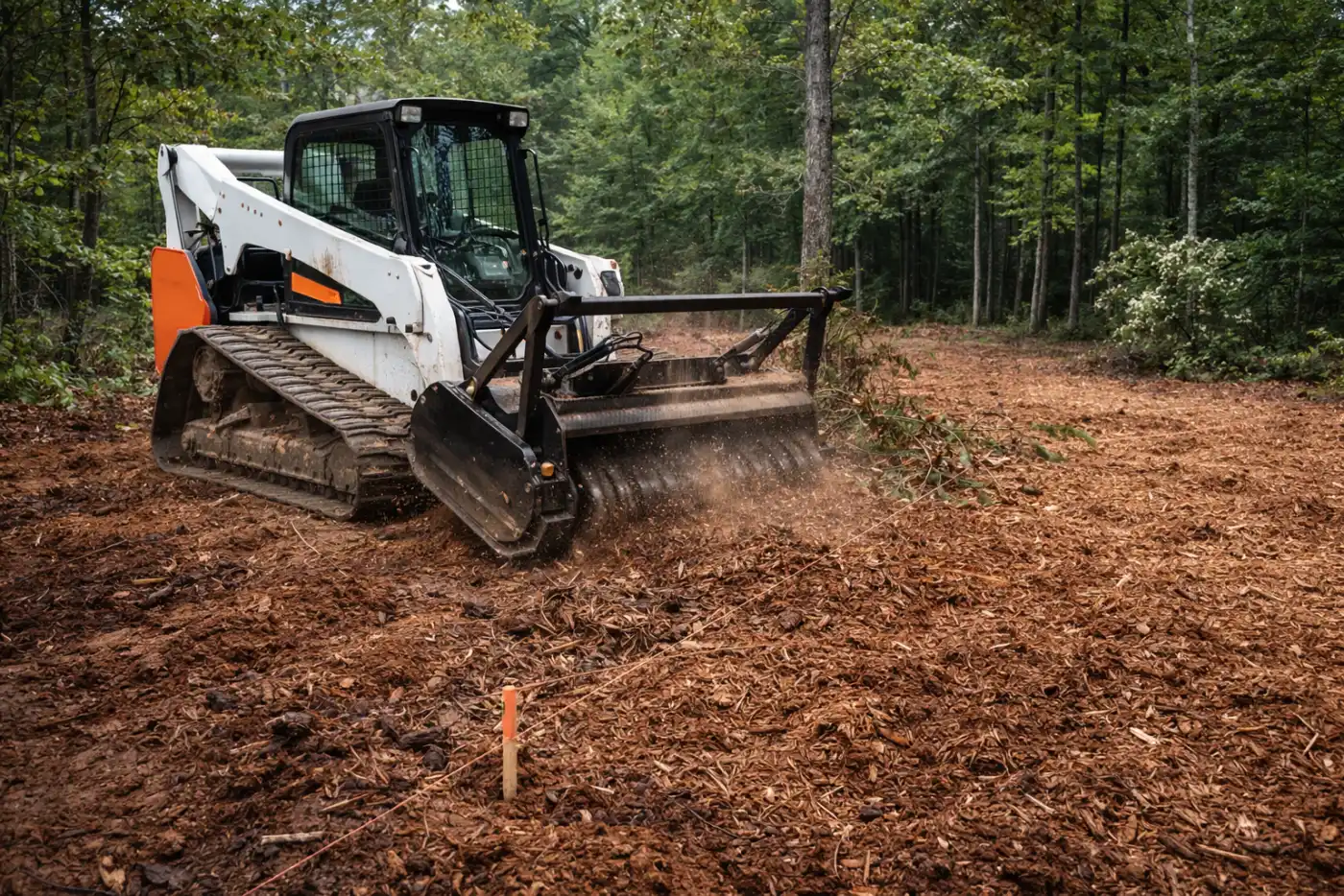 Forestry mulcher grinding brush and saplings on an overgrown WNC tract