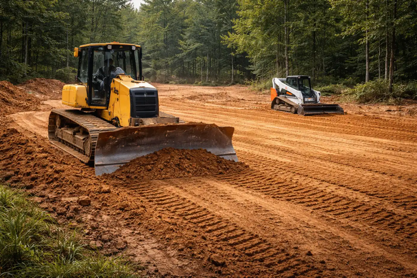 Brush and Blade dozer and skid steer cutting a building pad on a Western NC site