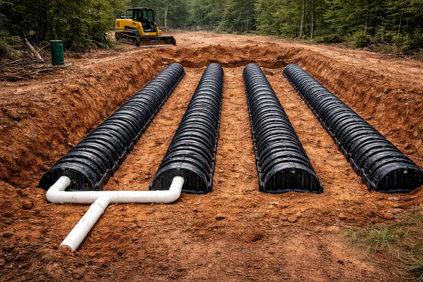 Infiltrator chambers set in a trenched drain field on a Western North Carolina site